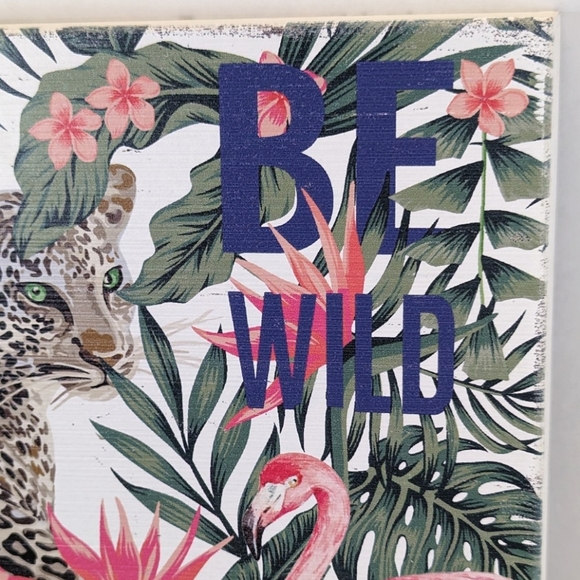 Be Wild Wood Wall Art w/ Flamingos, Jaguar, Pink Flowers & Tropical Leafy Plants - Picture 4 of 7